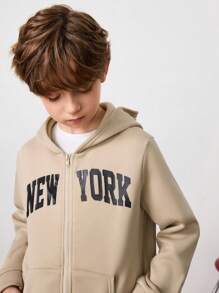 SHEIN Leap Crew Tween Boy Letter Graphic Zip Up Thermal Lined Hoodie & Sweatpants Without Tee - Apricot - View 2