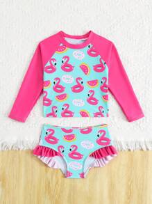 Young Girl Flamingo And Donut Print High Neck Ruffle Trim Tankini Summer Beach,Girls Surf Suit