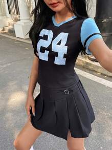 SHEIN Explorewe Set de 2 piezas para adolescentes: Camiseta con estampado gráfico de 24 en contraste de color + Falda corta negra sencilla para el verano - Negro - Ver 7