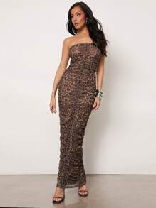 NYA SZN Dresses Spring Sexy Animal Print Ruched Maxi Dress Summer Festivals Mesh Leopard Cheetah Club Special Occasion Formal Sundress Vacation Statement Valentines Day Carnival Outfits For Women - Multicolor - View 1