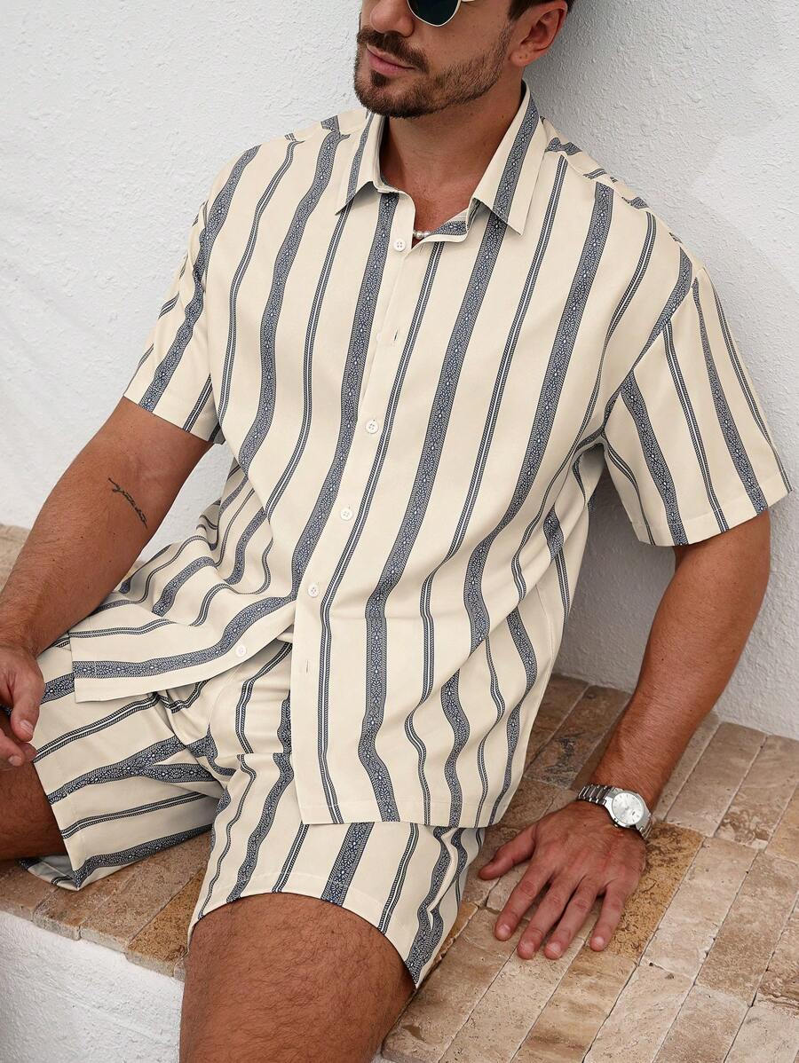 VENTUSAIL Bộ áo sơ mi ngắn tay kẻ sọc đơn giản và quần short cho nam, thời trang cho trang phục đi biển mùa hè dành cho nam Bộ đồ áo sơ mi nam Bộ đồ ngắn cho nam Bộ đồ hai mảnh cho nam Bộ đồ hai mảnh cho nam - Màu be - Xem 1