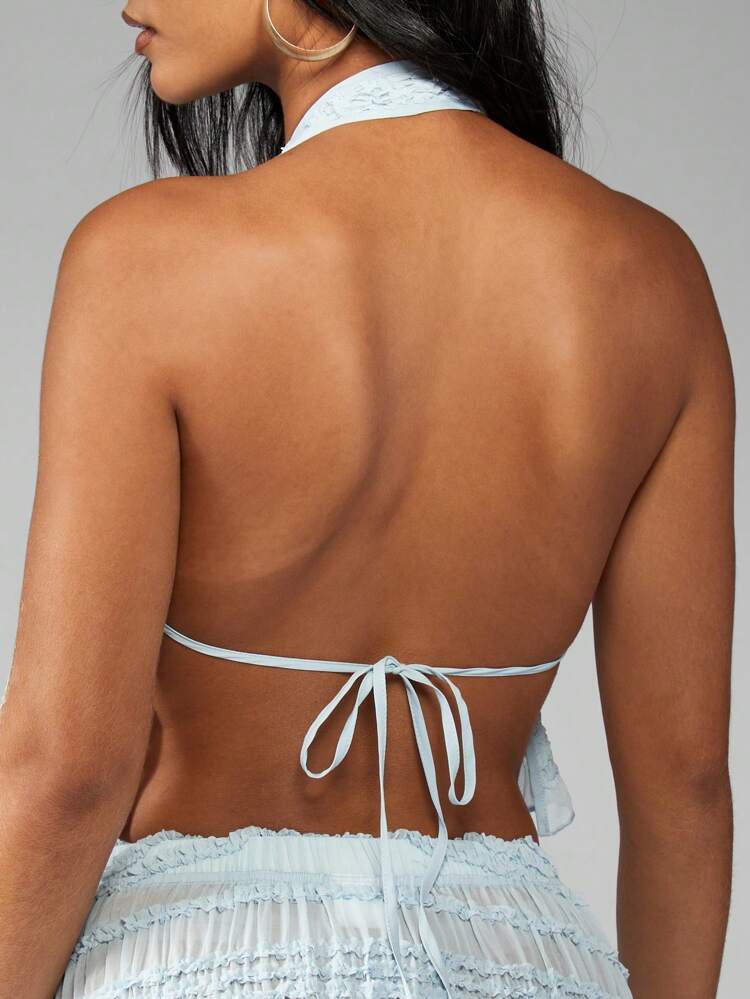 MISSGUIDED 플리티 여름 홀터 크롭 탑 러플 디테일 페스티벌 비치 파티 휴가 클럽 나이트아웃 백리스 타이업 크롭 블라우스