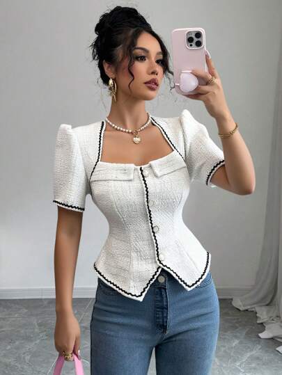 Elenzga Women Elegant Fitted Color Block Wave Patterned Short Sleeve Blouse