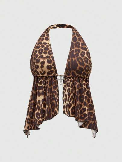 Grunge Punk Canotta corta con schiena scoperta con stampa leopardata all-over e pendente a croce in metallo in stile Y2K per festival musicali