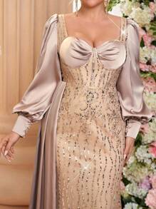 Glamrae 加大码优雅奢华香槟色长袖缎面拼布刺绣蕾丝亮片鱼尾裙，带侧褶，性感露背系带，适合婚礼、单身派对、度假、宴会、婚礼宾客礼服、正式礼服、晚礼服、长袍 - 香檳色 - 查看 7