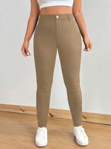 Flirla 大码紧身裤，极简风格适合夏季 - 卡其色 - 查看 4