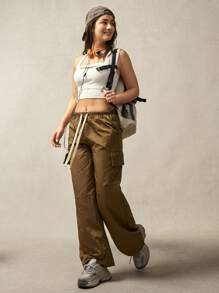 VARSITIE Pantalones deportivos casuales sueltos con cintura baja, cordón y brillo