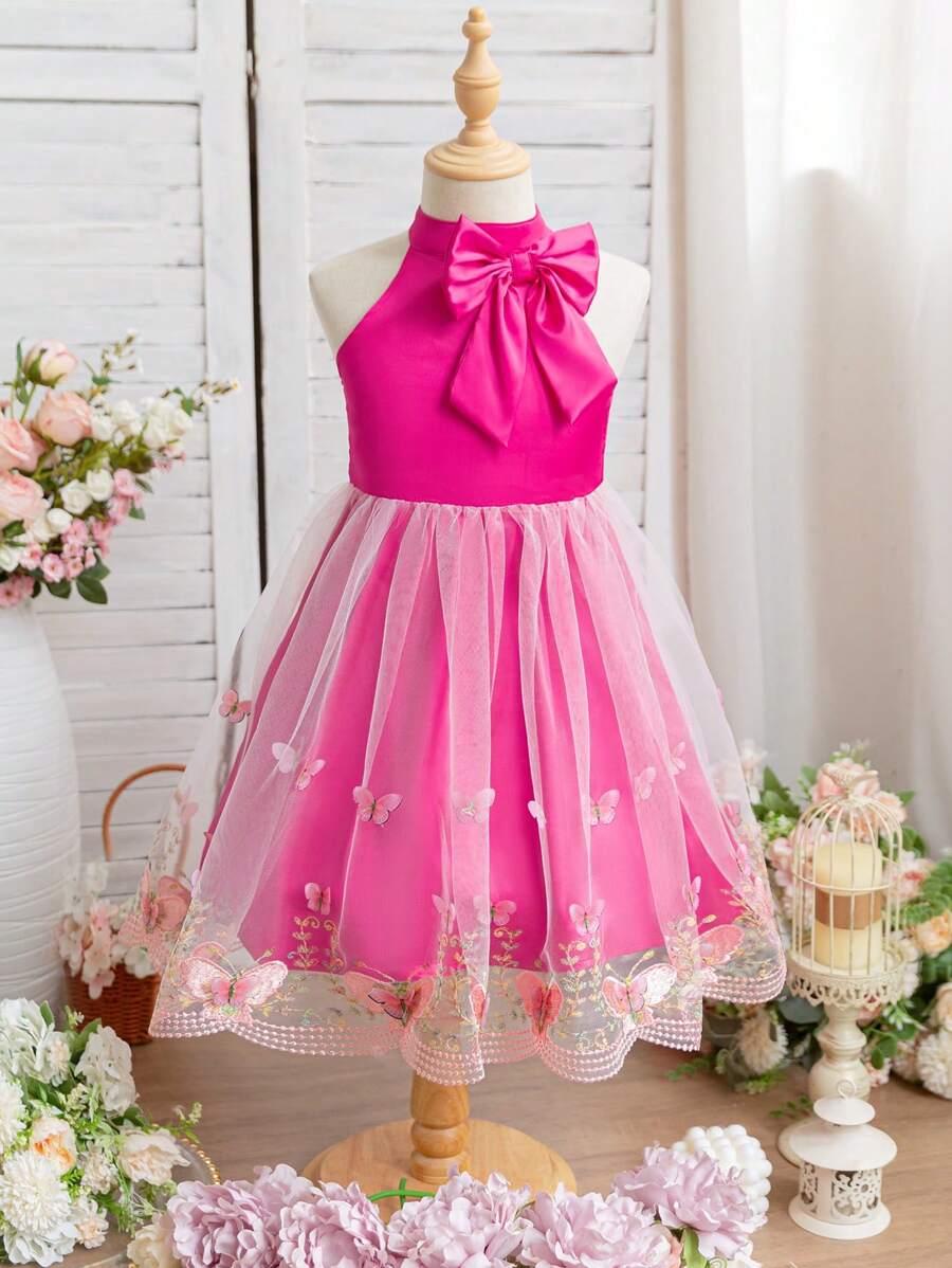 SHEIN Glamorique Kids 春夏女童玫瑰红吊带设计 3D 蝴蝶刺绣网眼连衣裙 - 玫紅色 - 查看 1