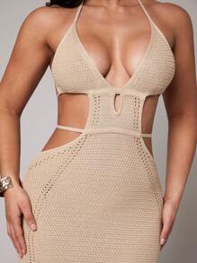 Silquee Cover Ups Black Crochet Sexy Deep V-Neck Hollow Slit Spring And Summer Holiday Clothes Mid-Length Women's Dress - Khaki - View 8