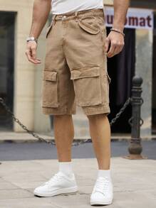 Manfinity Homme Men's Khaki Casual Cargo Denim Shorts, Solid Color Simple Fashion, Suitable For Summer - Khaki - View 3