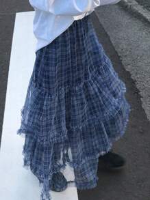 FRIFUL Women's Blue Plaid Pleated Mesh Skirt, Sweet High Waist Short Style, Suitable For Spring & Summer