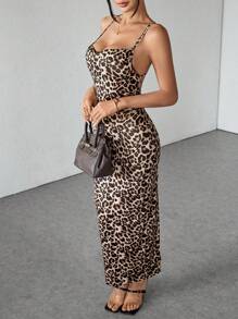 SHEIN PETITE Casual Romantic Holiday Leopard Print Draped Neck Backless Tie-Up Dress - Brown - View 1