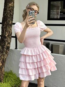 SHEIN Teen Girl Casual Square Neck Puff Sleeve Bow Decor Ruffle Hem Dress - Pink - View 6