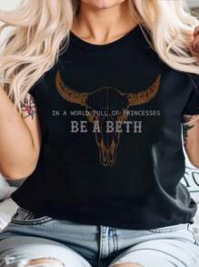 EMERY ROSE Women's Vintage Top "Be A Beth" Lettering Western-Inspired Casual Graphic Tee, Comfort Round Neck T-Shirt - Black - View 3
