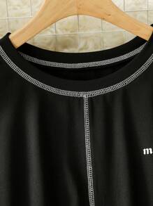 Mulvari Plus Size Casual Contrast Color Stitch Letter Print T-Shirt