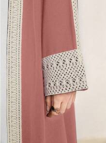 Al Najma Patchwork Ribbon Decor Loose Abaya With Bell Sleeves And Open Front, Muslim Fashion Abaya For Casual/Festival/Gathering/Travel, Modest Robe - Dusty Pink - View 3