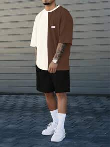 SHEIN Cottnline Men Cottonline Color Block Smile Printed Regular T-Shirt Set - Black and White - View 1