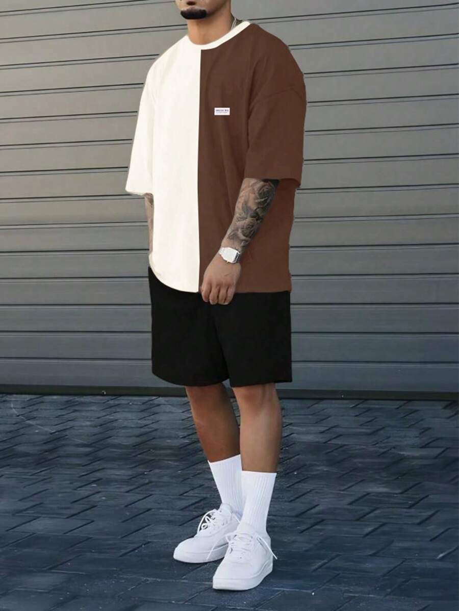 SHEIN Cottnline Men Cottonline Color Block Smile Printed Regular T-Shirt Set - Black and White - View 1