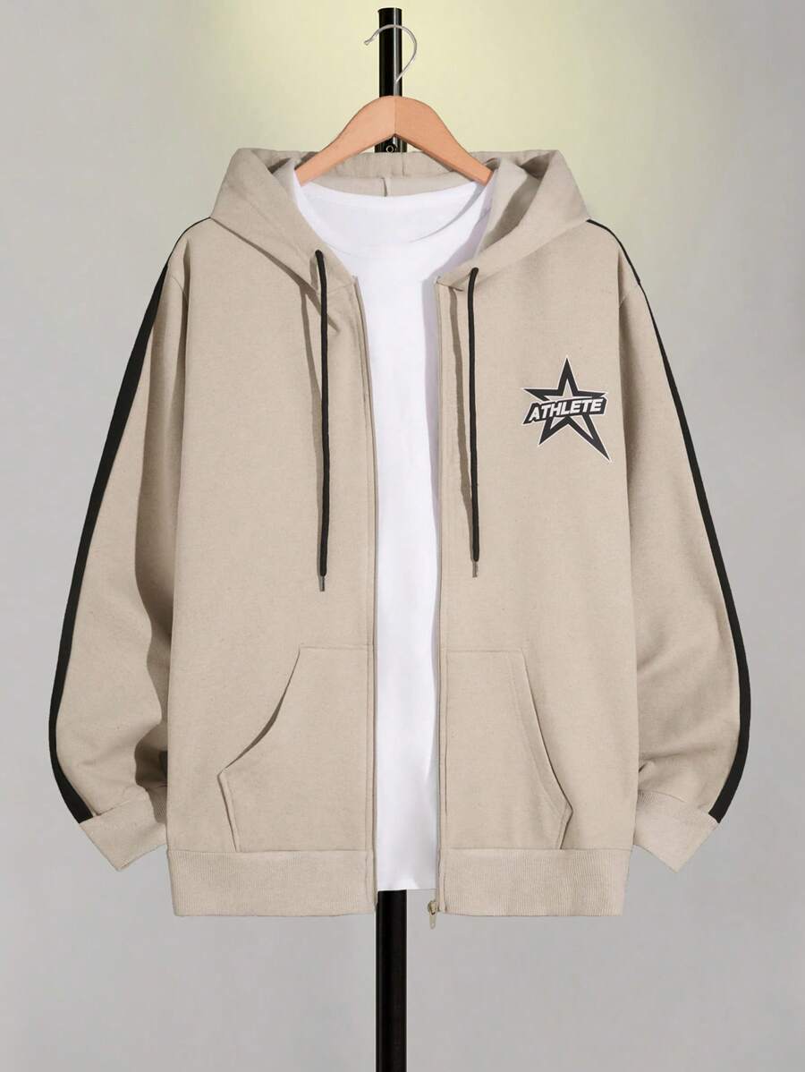 RueChic Men Star Printed Grogren Detail Regular Zipup Hoodie - Camel - View 1