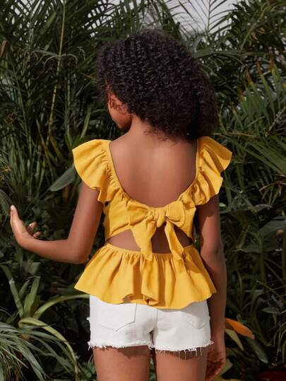 SHEIN Blouse chiffon à manches courtes avec décolleté ajouré et nœud décoratif au dos, pour les jeunes filles, printemps/été