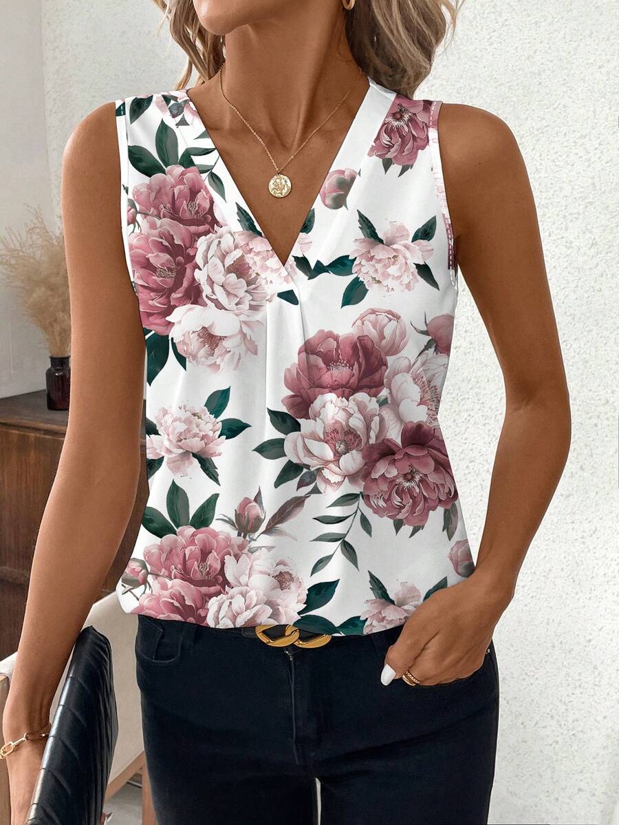 SHEIN Clasi 女士休闲花卉 V 领无袖衬衫，适合夏季 - 彩色 - 查看 1