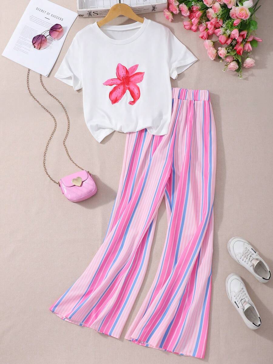 2pcs/Set Teen Girls Casual Floral Print White T-Shirt And Rainbow Stripe Pants Set - White - View 1