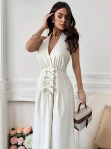 SHEIN Privé Elegante romantische sexy V-hals strik A-lijn lange jurk, mode voor date, feest en Valentijnsdag