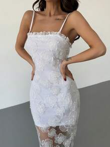 Firerie 女士优雅花卉纹理蕾丝中长连衣裙，修身无袖，适合婚礼嘉宾、派对、日常穿着、节日、春夏 - 白色 - 查看 1