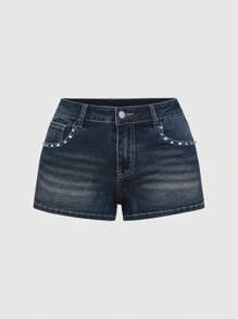 ROMWE Grunge Punk Quần short denim cỡ lớn cho nữ mặc đi tiệc - Màu xanh lam - Xem 2