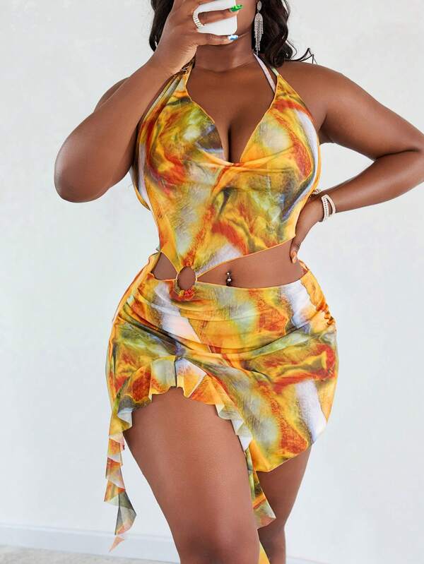 SHEIN Slayr CURVE Plus Size Women Beach Vacation Random Floral Print Triangular Tankini Swimwear With Tie Straps, Halter Backless Cover Up With Ruffle Hem, 3 Pieces Casual Swimwear Set