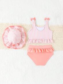 Baby Girl Printed And Solid Color Tankini Swimsuit With Ruffle Skirt & Hat, Cute
