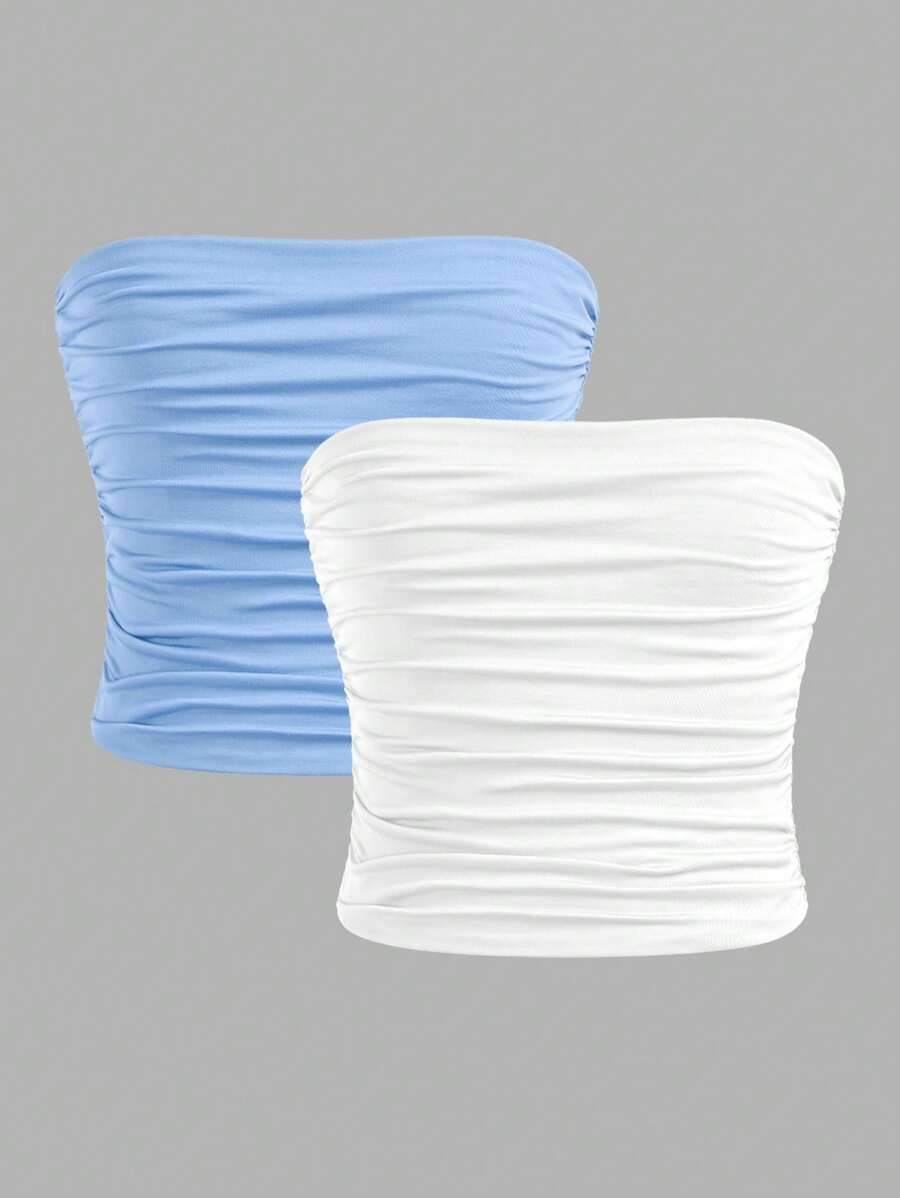 SHEIN 2 件/套 Tween 女童简约舒适褶饰短款上衣/背心 - 淺藍色 - 查看 1