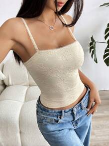 SHEIN EZwear Áo hai dây viền ren cho nữ, thiết kế tối giản, phù hợp cho mùa hè - Màu be - Xem 5