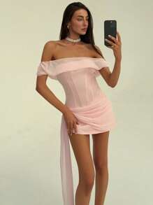 Aloruh Romantic Shallow Pink Strapless Bodycon Mini Dress With Ribbon, Suitable For Dates, Weddings