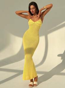 Aloruh Vestido sexy amarillo apretado sin espalda hecho a mano a ganchillo para mujeres, apto para vacaciones de primavera/verano - Amarillo - Ver 5