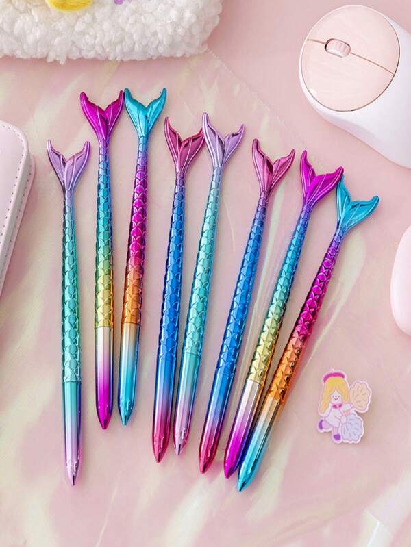 SHEIN 5pcs Mermaid Ballpoint Pen, Cute Colorful Cartoon Simulation Fish Tail Shape, Gradient Color, Cute Ballpoint Pens Sparkly Glitter Pens Pretty Pen Gifts,Funny Clickable Ball Pens , Gift, Sharing,Christmas