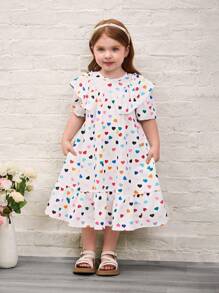 SHEIN 年轻女孩心形图案泡泡袖荷叶边腰休闲迷你连衣裙 - 白色 - 查看 5