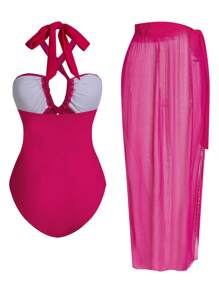 Swim Oasis 女士玫瑰红色露背系带花卉 3D 网眼刺绣连体泳衣，带网眼裙 2 件套，优雅度假/海滩度假，春夏季