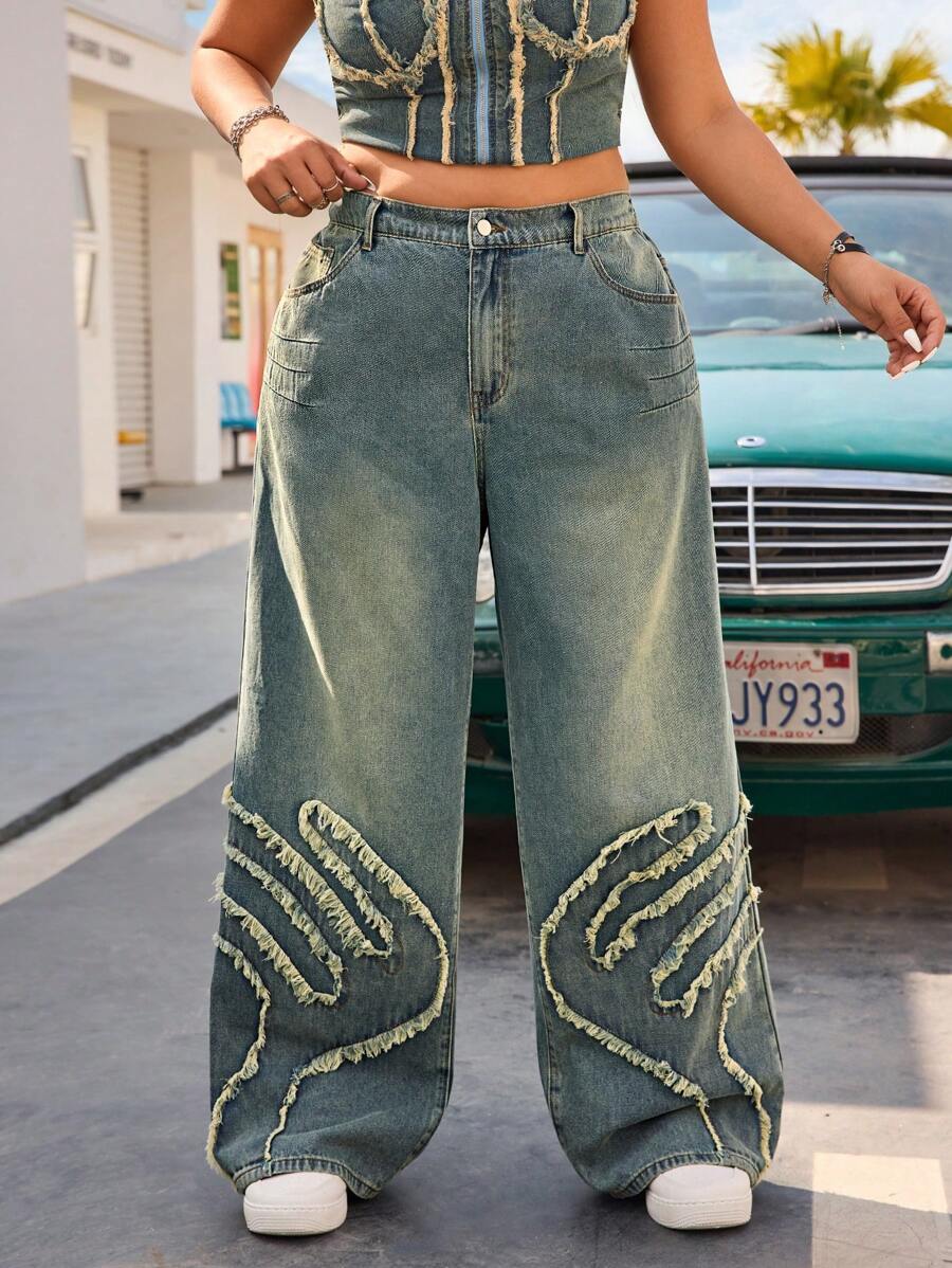 SHEIN EZwear 大码休闲牛仔长裤，适合夏季 - 中等水洗藍 - 查看 1