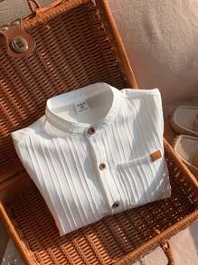SHEIN LMoss Kids LMoss Young Boy Casual Basic Collared Shirt With Pockets, Comfortable And Breathable - White - View 7