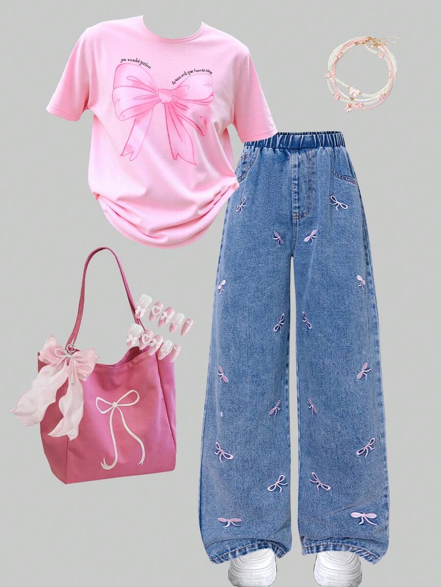 2pcs/Set Girls' Summer Loose Butterfly Print Short Sleeve Top & Wide Leg Butterfly Print Jeans Set - Multicolor - View 1