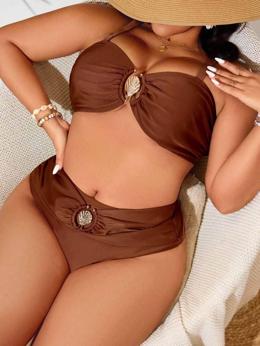 Swim Lushoire Plus Size Women Shell Metal Decor Double Strap 2pcs Swimwear Set, Summer - Coffee Brown - View 1