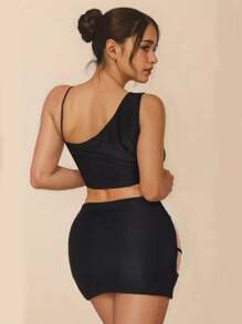 TrendSteals 2 件套：女式纯色上衣和镂空裙子 - 黑色 - 查看 2