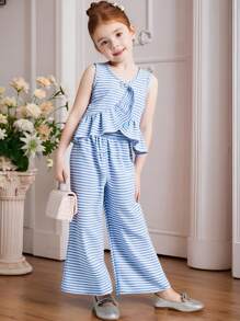 SHEIN 2pcs/Set Young Girls Textured Crinkle Plaid Sleeveless Top With Ruffle Trim Asymmetrical Hem And Wide Leg Pants, Casual Resort Vacation Outfit - Blue - View 1