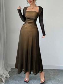 Firerie Sukienka damska z długim rękawem i falbaną w talii, w kolorze czerwonym i czarnym, z kwadratowym dekoltem, odpowiednia na wiosnę, lato, jesień, na co dzień, dojazdy do pracy, wakacje, przyjęcie herbaciane, wesele