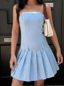 SHEIN Explorewe Vestido com Laço Elegante Sem Alça para Meninas Adolescentes, Adequado para Reuniões Casuais, Casamentos, Convidados de Casamento, Dama de Honra, Verão - Azul bebê - Visão 6