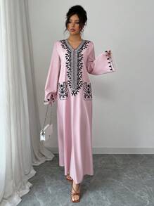 Yasmyna Vestido holgado, tejido con estampado de estilo árabe, modesto, para mujer - Rosa - Ver 3