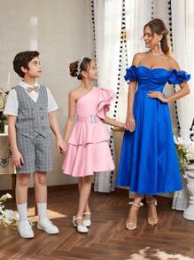 SHEIN Leap Crew Tween Girls' Elegant Asymmetrical Double Layer Ruffle Sleeve Removable Belt Dress - Dusty Pink - View 9