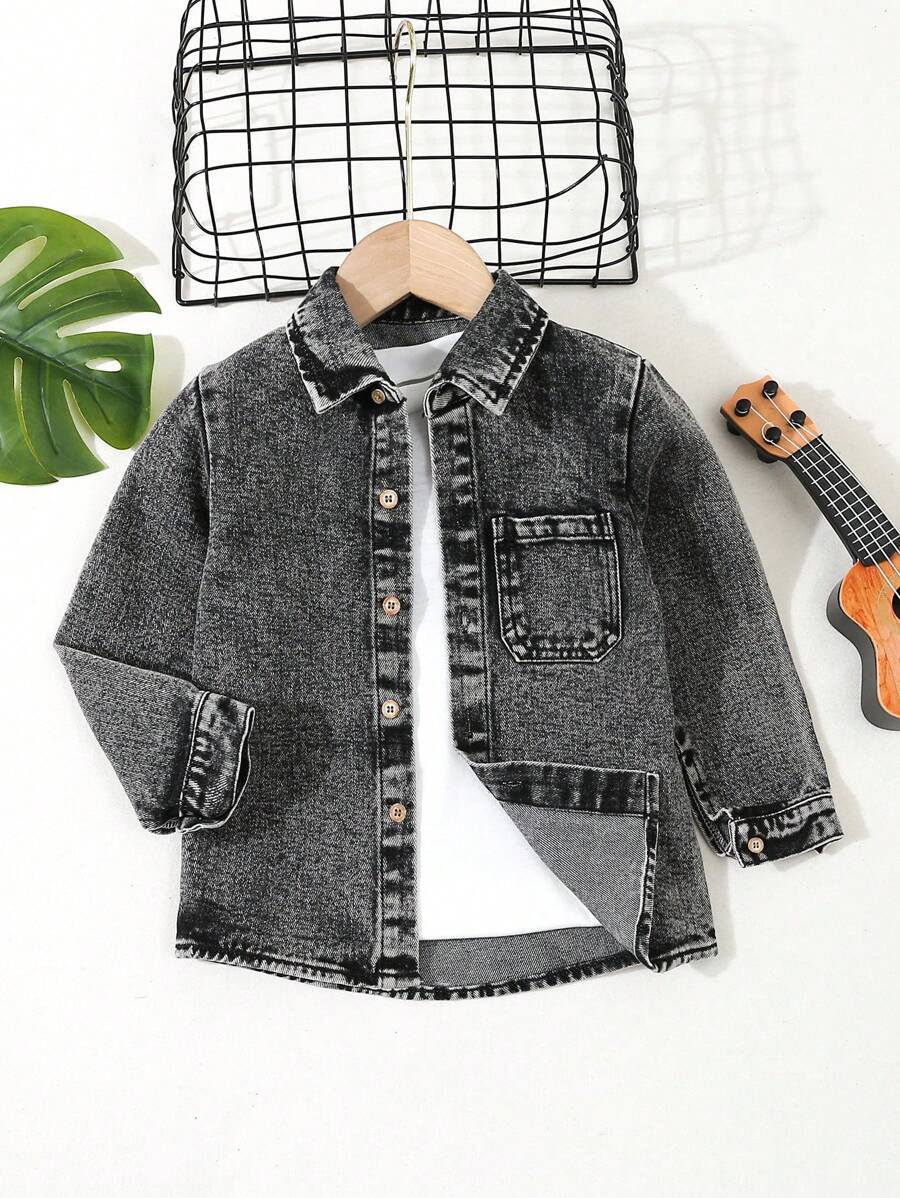 Young Boy Casual Solid Washed Loose Denim Jacket For Autumn Chic Outfits For Autumn/Winter - Black - View 1