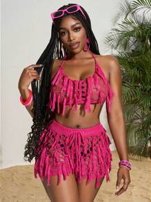 Slaydiva Summer Vacation Sexy Rose Red See-Through Knitted Hand-Crochet Tassel Beach Shorts Set